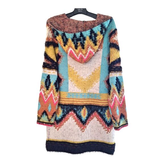 Southwestern Tribal Eyelash Sweater Hooded Cardigan Long Line MaxSport weighty L - Picture 8 of 16